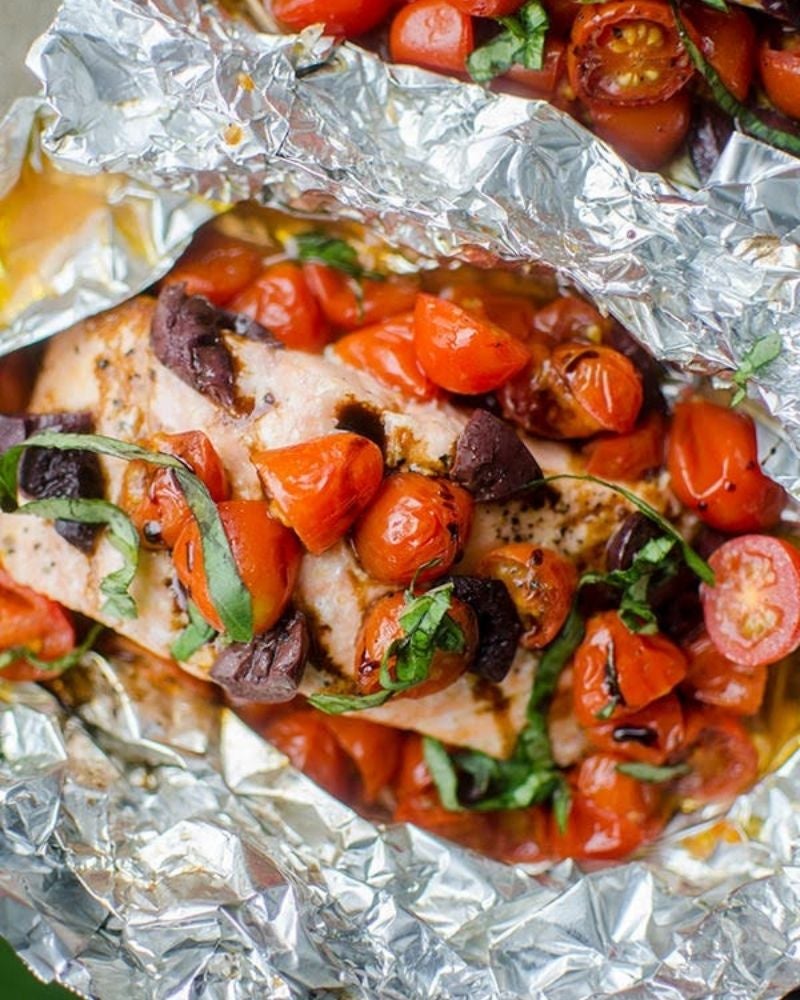 Salmon en Papillote with Cherry Tomatoes, Basil & Lemony Orzo Reheat